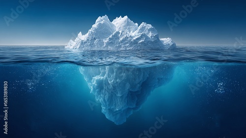 A colossal iceberg floats majestically in the deep blue ocean, with its submerged portion revealed in stunning detail.
