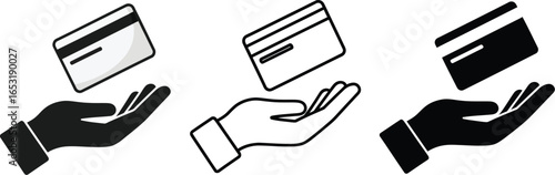 Three hands presenting a credit card in different styles icon
