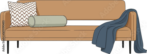 Illustration of a tan sofa with pillows and a blue blanket