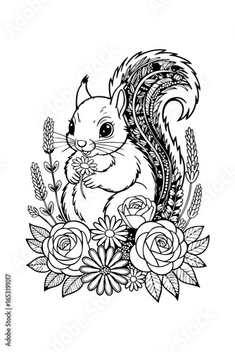 black and white squirrel , colouring page for adults 