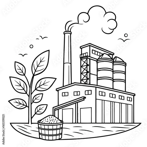 Black and white outline illustration of a biomass energy plant