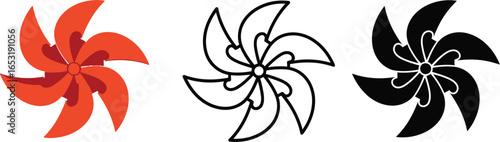 Illustrations of a pinwheel in color outline and silhouette