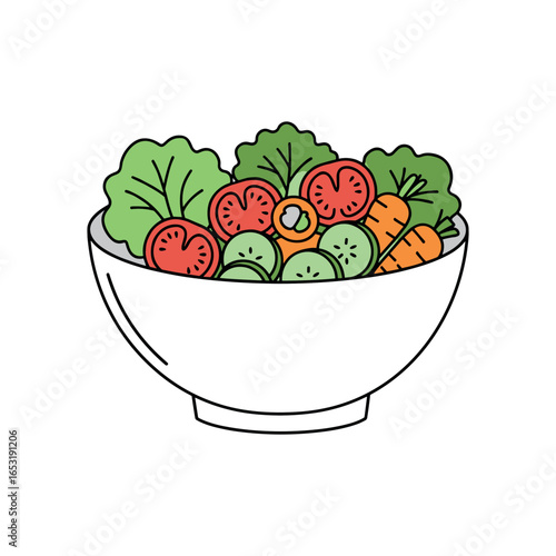Fresh garden salad in bowl with tomatoes, cucumbers, and carrots. Vector illustration