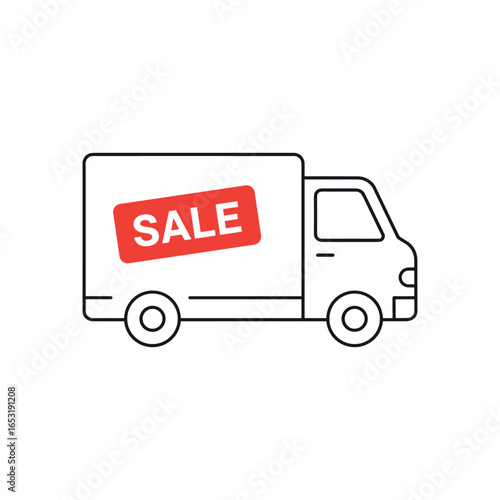 Minimalist outline of delivery truck with red sale sign on white background. Vector illustration