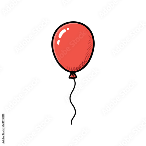 Red balloon with black string on white background. Vector illustration