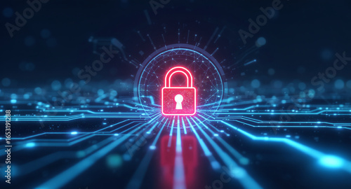 Wallpaper Mural Data protection technology concept: A glowing red padlock serves as a focal point within a dynamic digital landscape of blue illuminated circuit pathways and nodes, representing secure network connect Torontodigital.ca