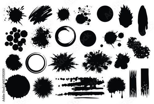 Set of grunge ink splatter. Splash of paints, spray drops, wet paint drop collection
Keywords: