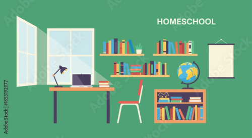 homeschool setup with a laptop books and globe in a colorful study room perfect for educational blogs illustrating learning at home online education and the comfort of a childs personal space.