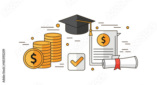 Loan scholarship illustration coins graduation cap and diploma representing financial aid for education and academic success ideal for websites and blogs about student debt and career advancement.