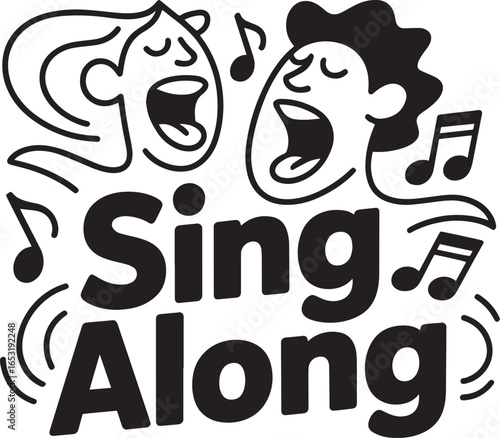 Animated Sing Along Illustration with Vocalists and Musical Notes Vector Graphic