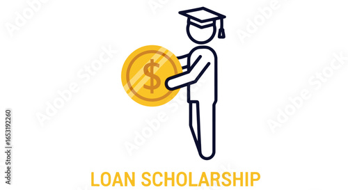 Loan scholarship supports a student with a graduation cap holding a coin representing financial aid and education funding perfect for illustrating college access and educational finance.