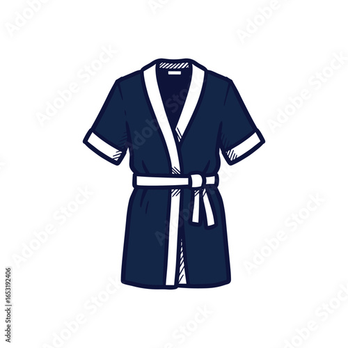 Navy blue bathrobe with white trim and belt. Vector illustration