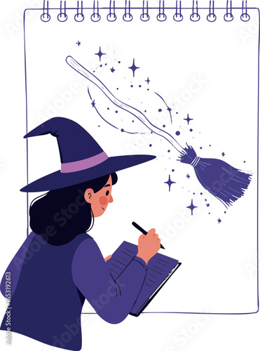 Witch drawing magical broomstick with stars on sketchbook illustration vector art 