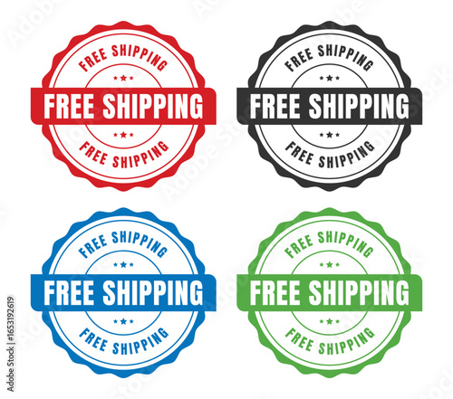 Four circular Free Shipping badges with stars in red, black, blue, and green