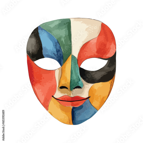 Vibrant Geometric Carnival Mask with a Joyful Expression