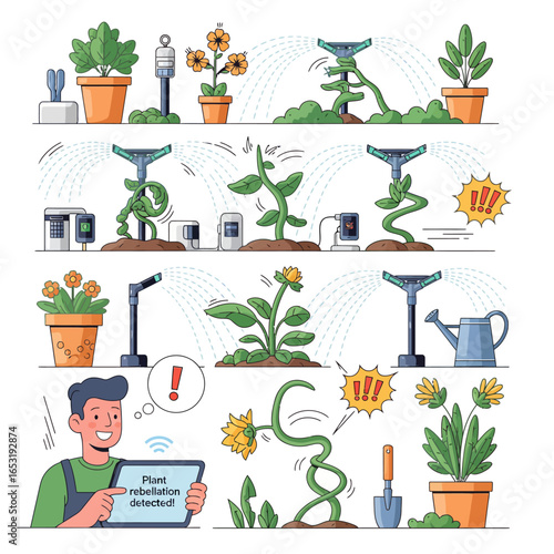 IoT-based watering system illustration showing a man with a tablet receiving an alert about his plants, with automated irrigation systems and plants with expressive faces