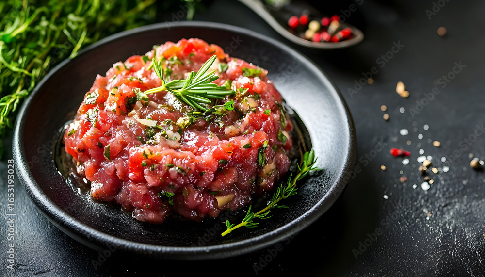 Fototapeta premium beef tartare with sauce and herbs in a black plate