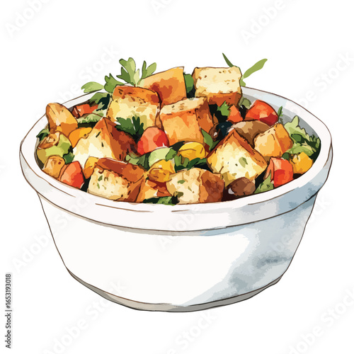 Vibrant panzanella salad with toasted bread cubes tomatoes and fresh parsley