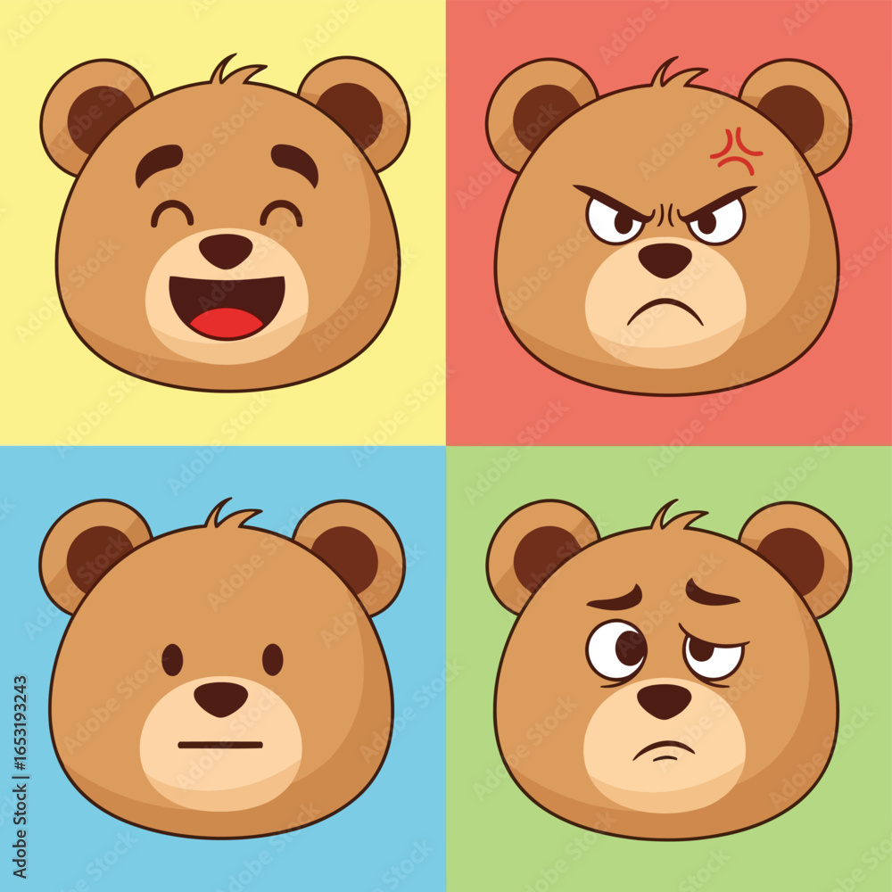 Fototapeta premium Vector illustration of four cute bear faces showing different emotions and expressions