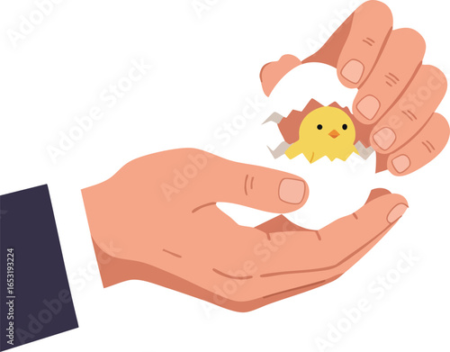 Hands holding newly hatched chick breaking eggshell vector illustration 