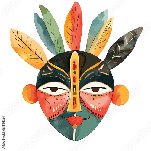 Vibrant Tribal Mask with Ornate Leaf Accents