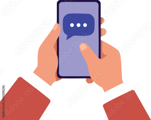 Hands holding smartphone with messaging app open and finger touching screen vector illustration 