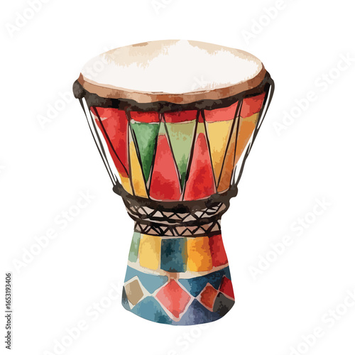 Vibrant Watercolor African Djembe Drum with Geometric Patterns
