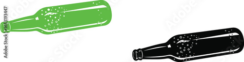 Two beer bottles one brown and one black lying horizontally down