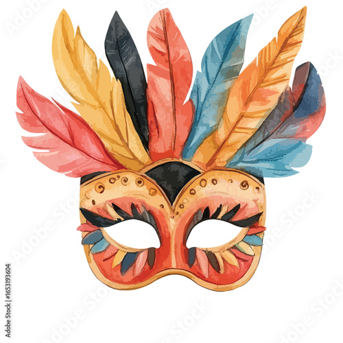 Vibrant Watercolor Carnival Mask with Colorful Feathers (1)