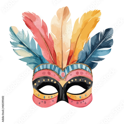 Vibrant Watercolor Carnival Mask with Colorful Feathers