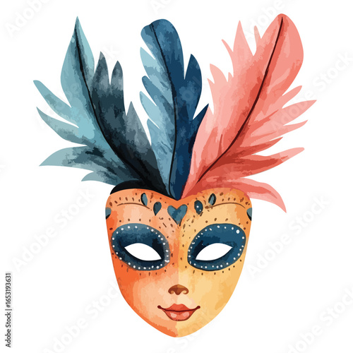 Vibrant Watercolor Carnival Mask with Delicate Feathers