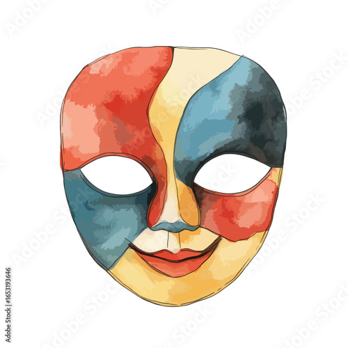 Vibrant Watercolor Carnival Mask with Geometric Design (1)