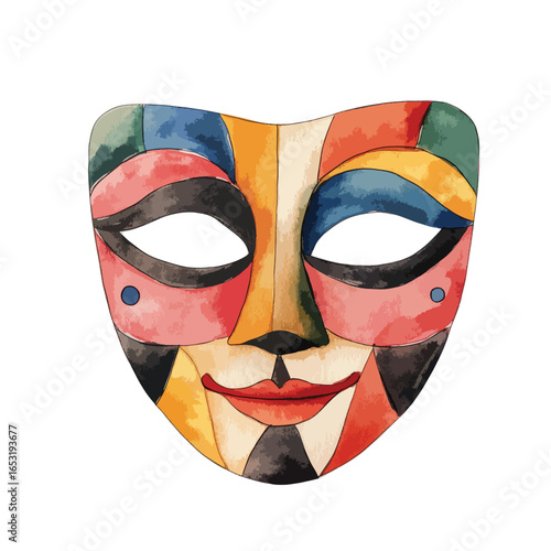 Vibrant Watercolor Carnival Mask with Geometric Design