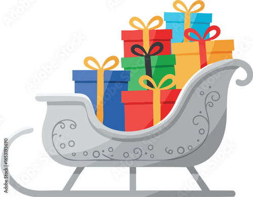 Christmas sleigh filled with colorful gift boxes and festive presents vector illustration 