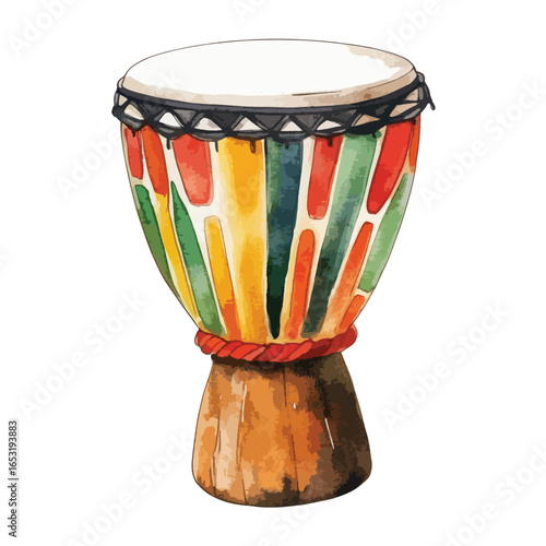 Vibrant Watercolor Djembe Drum with Geometric Design (1)