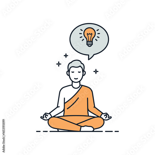 Male figure meditating with enlightenment thought bubble and orange robe. Vector illustration