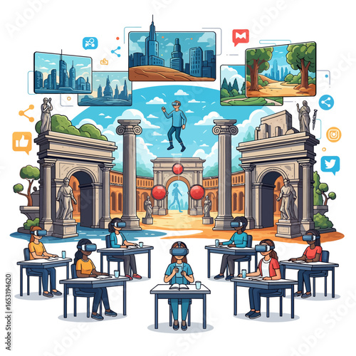Virtual reality classroom illustration with students wearing VR headsets and experiencing immersive lessons in a historical setting