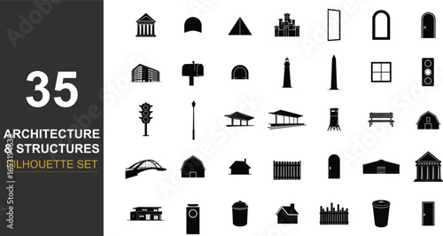 Collection of 35 architectural structures and landmarks silhouettes