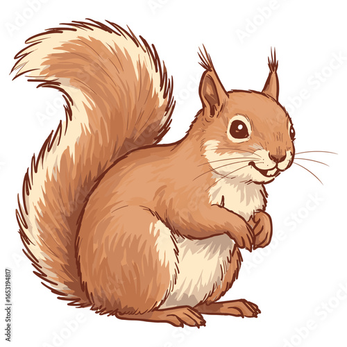 Cute brown squirrel with bushy tail in cartoon style on white background. Vector illustration