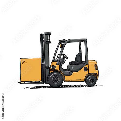 Yellow industrial forklift moving a large box on white background. Vector illustration