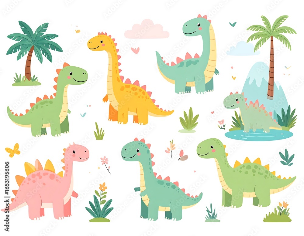 Naklejka premium Cute dinosaurs in various poses