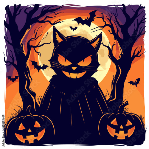 grinning cat silhouette in front of full moon halloween themed vector illustration