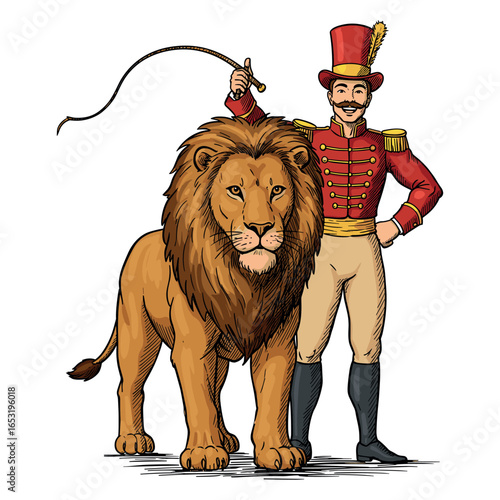 Circus ringmaster with lion illustration of caucasian male performer in costume. Vector illustration