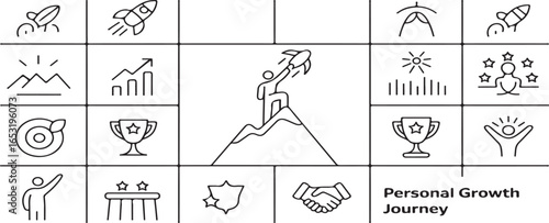 Motivation line icon collection. Thin linear vector illustrations featuring personal growth, goal setting, success, achievement, rocket launch, teamwork, passion, and thumbs up symbols.