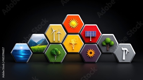environmental and stakeholder concept. Hexagonal icons representing nature, energy, and environmental themes.