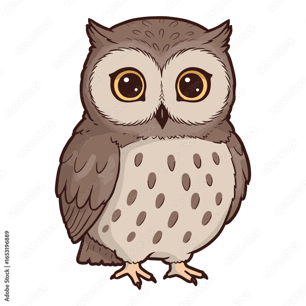 Naklejka premium Cute cartoon owl with big eyes and brown feathers on white background. Vector illustration