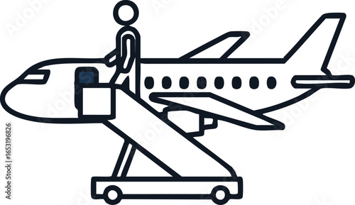 Line art icon of a passenger boarding an airplane using mobile stairs, representing air travel, transportation, and departure.