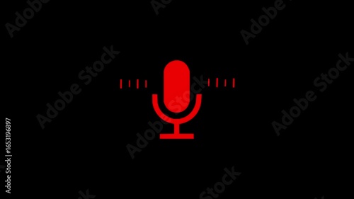 Red color microphone Voice recording podcast mic microphone button icon. audio microphone icon animation. Audio microphone icon looping animation. Audio microphone icon animation . black background