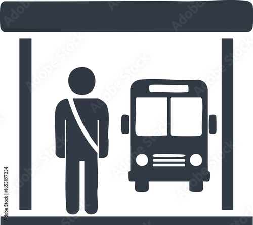 Public transport safety concept icon with a passenger wearing a seatbelt waiting at a bus stop shelter for a vehicle.