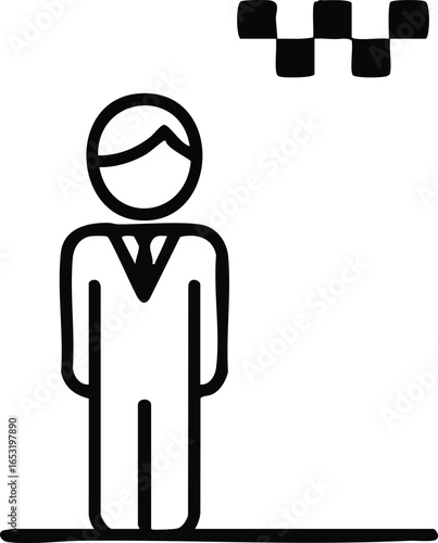 Vector icon of a businessman waiting for a taxi cab. Simple line art symbol representing urban transportation, passenger service, and hailing a ride.